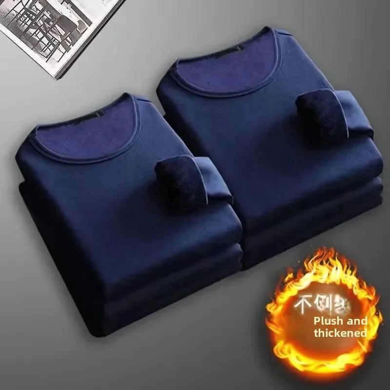 Men's Long Sleeve Thermal Underwear Fleece Lined Thick T-Shirt/round Neck Slim Fit Base Shirt Pure Color Inner Wear Autumn Top