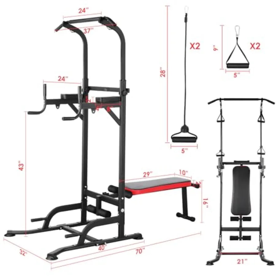 Arlopu Power Tower with Bench Pull Up Bar Stand Dip Bar/Folding Bench 4 Ropes Strength Training Multi-Function Fitness Equipment