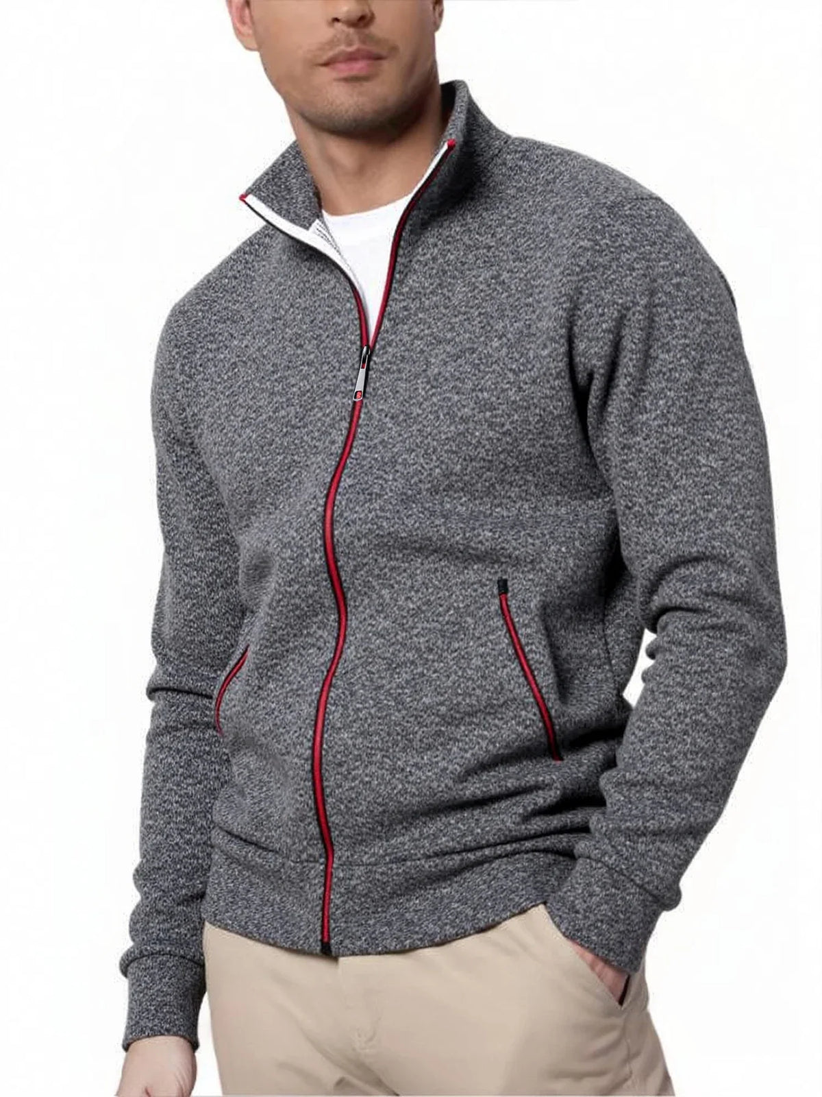 Men's Zip Track Jacket Stand Collar Fleece Lined Casual Sweatshirt/with Zipper Pockets Athletic Outerwear Warm Casual Jacket