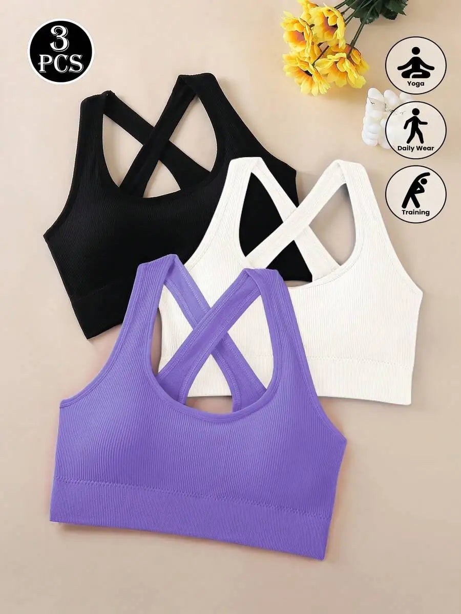 3pcs Criss-Cross Strap Sports Bra For Women Yoga Gym/Running Racerback Crop Top Can Be Worn Outerwear