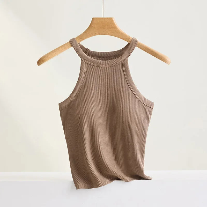 Threaded Halter Neck Camisole Top With Build-in Bra High Elastic/Slim-fitting Sling Fixed Cup Breathable Women Tank top