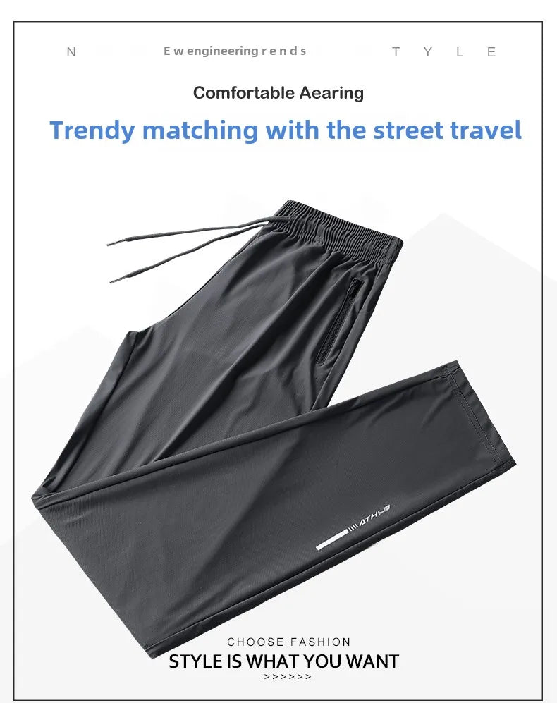 Men's solid color pants summer ice silk elastic quick drying/loose sports pants suitable for casual and business wear M-8XL