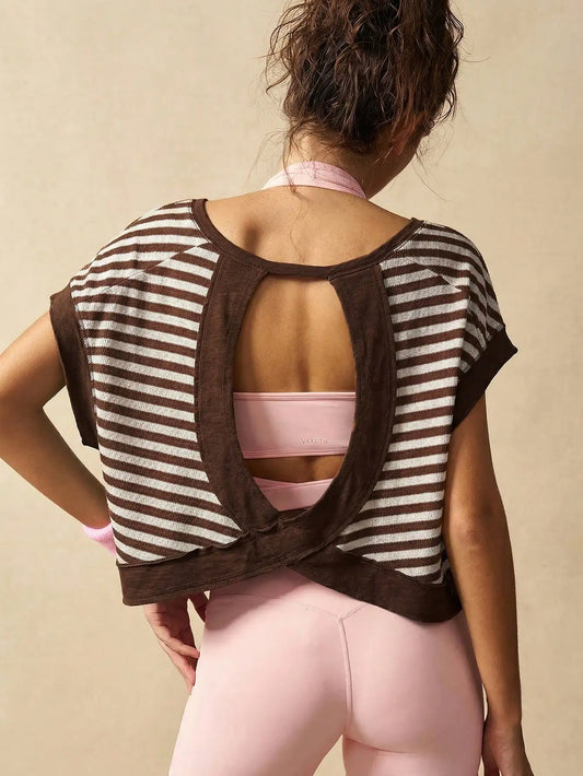Women Striped Open Back Workout/Top Gym Crop Top Summer Active Wear Shirts