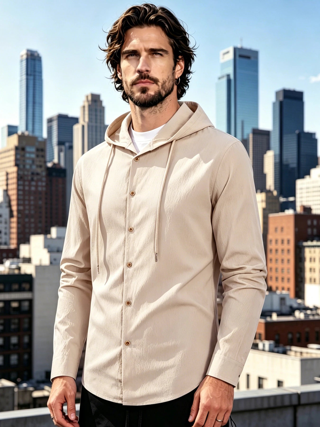 Men Hooded Button Down Shirt With Wrinkle Textured Long Sleeve Hoodie/Jacket Drawstring Hood Casual Loose Open Front Shacket
