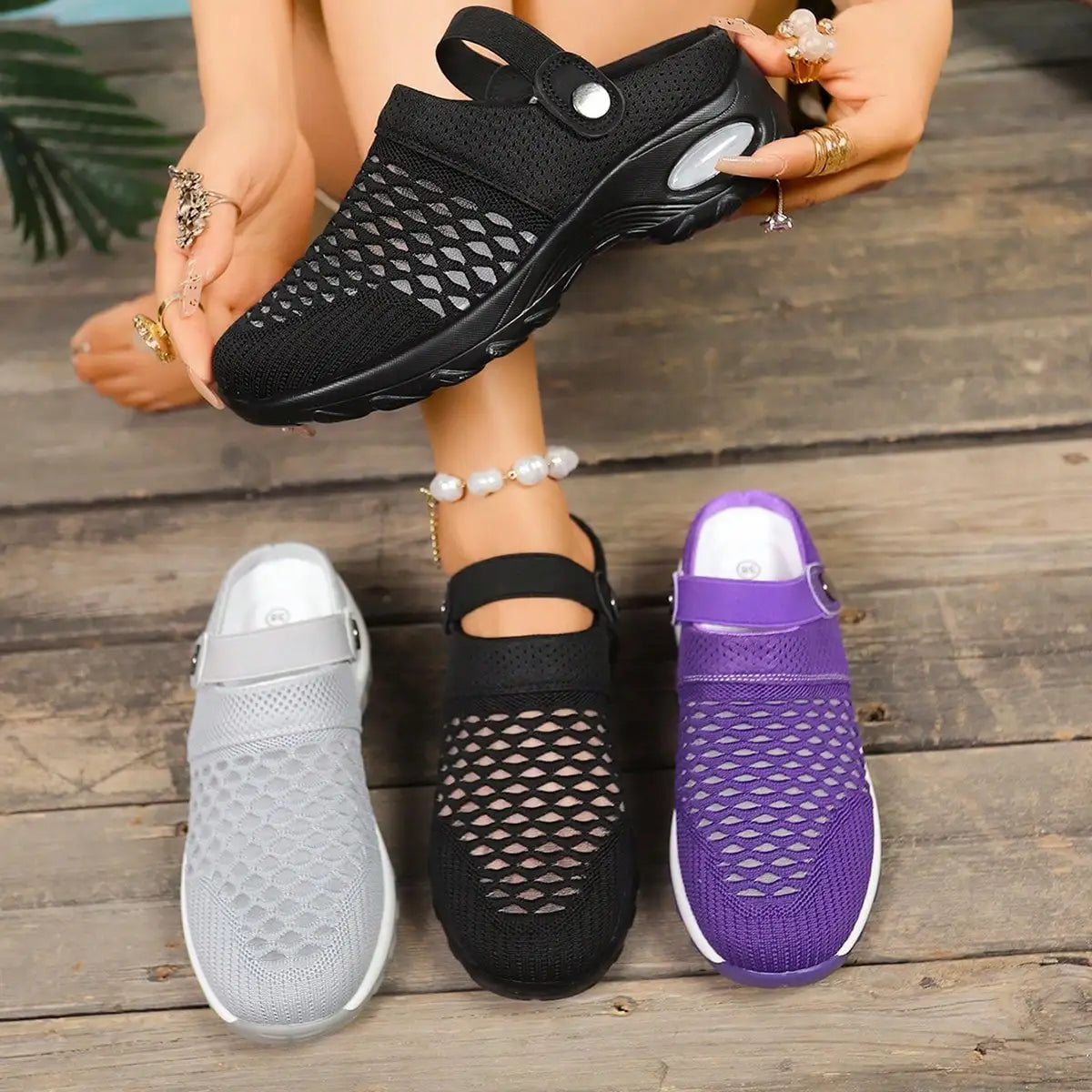 Women Breathable Mesh Platform Clog Sandals Air Cushion Non-Slip/Thick Sole Open Back Adjustable Back Strap Slip On Walking Shoes