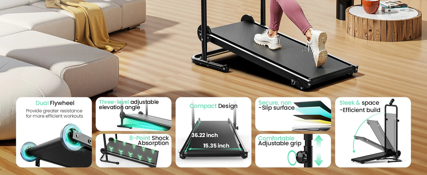 Akluer Non-Motorized Foldable Workout Treadmill/Dual Flywheel with Fixed Incline, LCD Monitor, Slip-Resistant Belt & Comfort Foam Grips