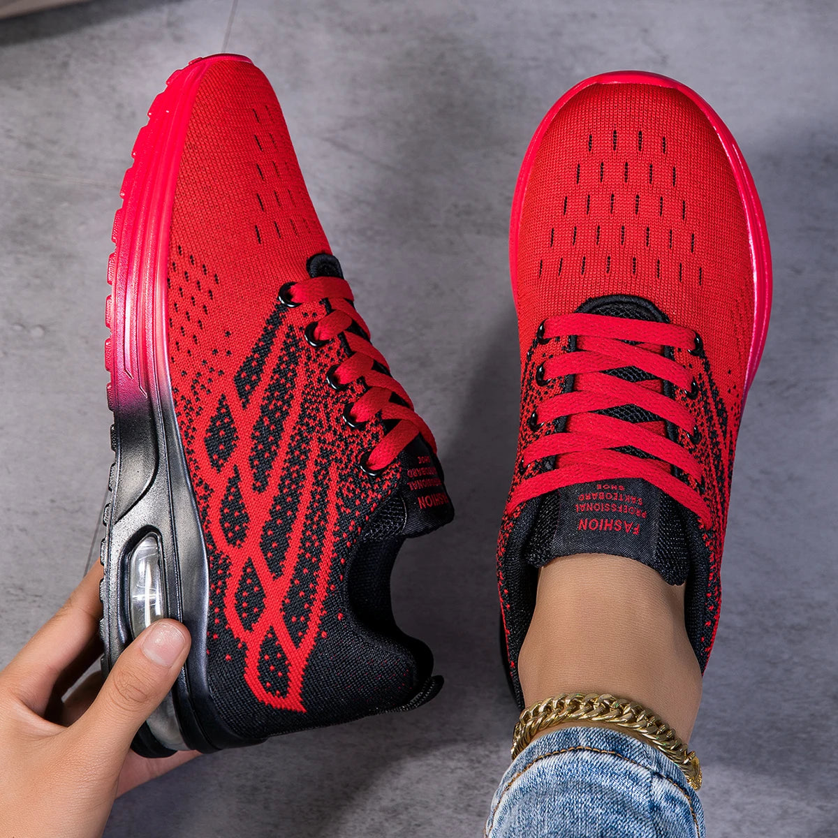 Women Air Cushion Running Sneakers Breathable Knit Mesh Shock Absorbing/Non Slip Lightweight Lace Up Sports Shoes Outdoor Walking Shoes
