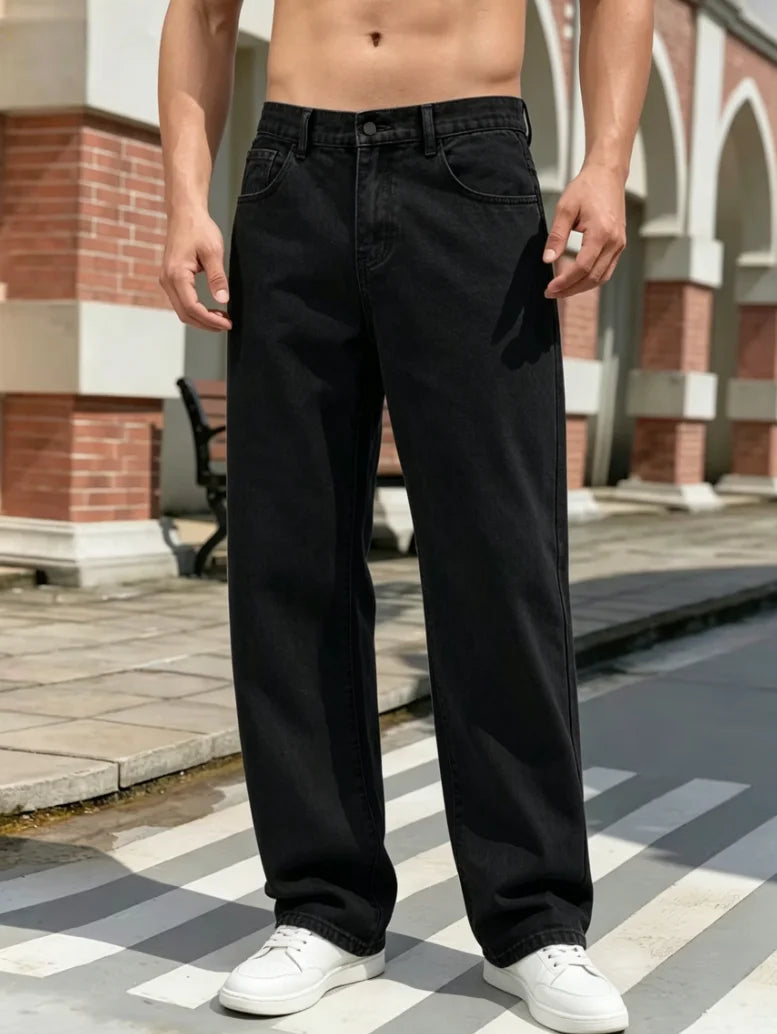 Men's Casual Straight-Leg Jeans, Y2K Street Style Loose Denim Trousers/Men's Casual Straight Jeans, Pure Black Pants