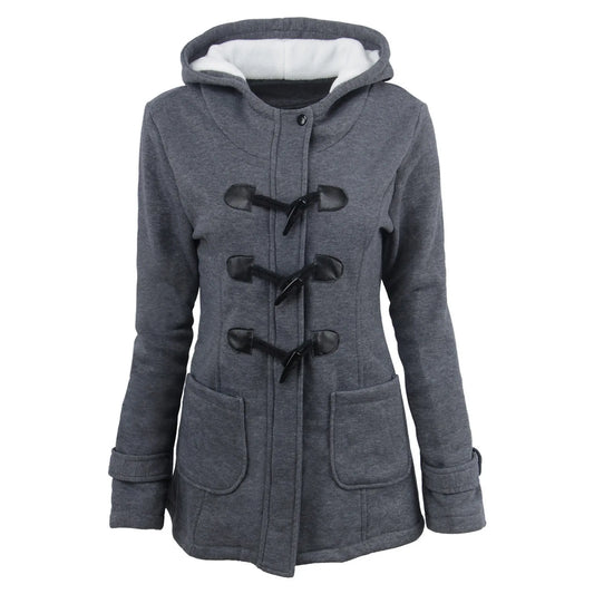 Women's Fashion Jacket Horn Button Fleece Thicken Coat With Hood/Winter Warm Jacket Women Loose Windbreaker Jackets