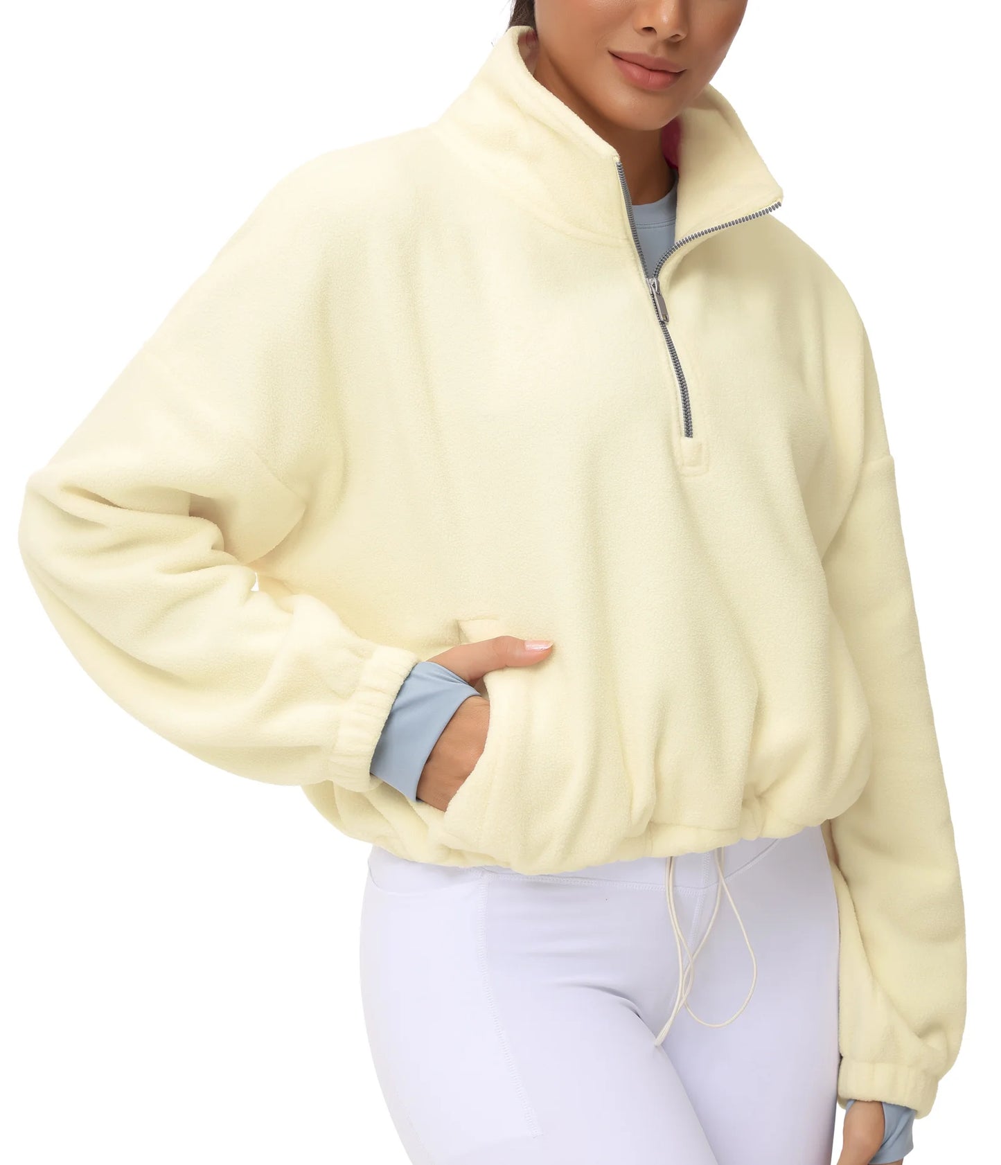 THE GYM PEOPLE Women’s Half Zip Crop Pullover Sweatshirt Fleece/Loose Fit Workout Tops with Pockets Drawstring