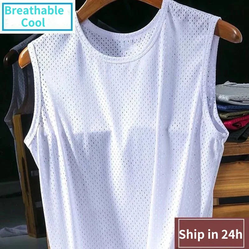 Summer Men Ice Silk Tank Top Mesh Quick Dry/Breathable Sleeveless Sport Bodybuilding Vest