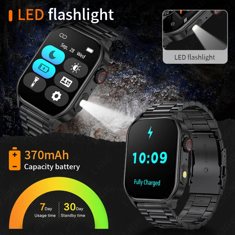 LIGE New Smart Watch LED Flashlight Military Sport Watches/2.01'' Screen Health Monitor Bluetooth Call Waterproof Smartwatch Men