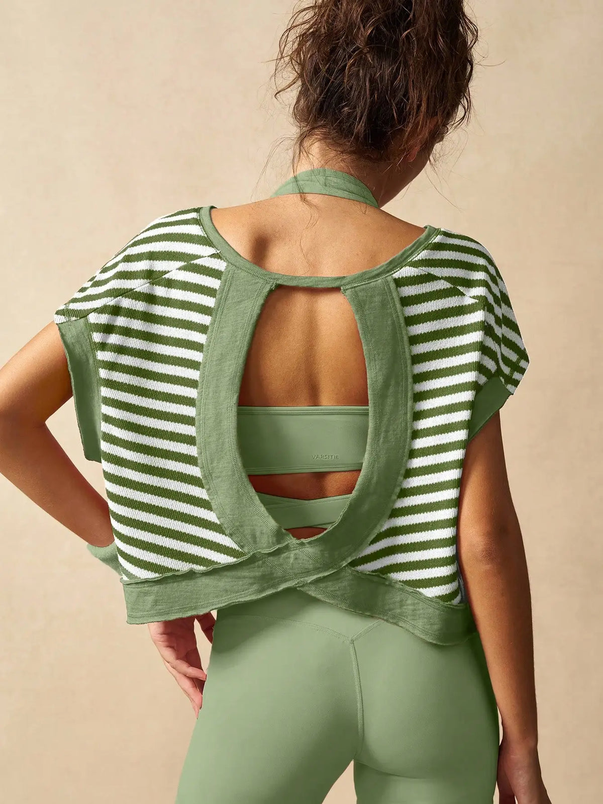 Women Striped Open Back Workout/Top Gym Crop Top Summer Active Wear Shirts