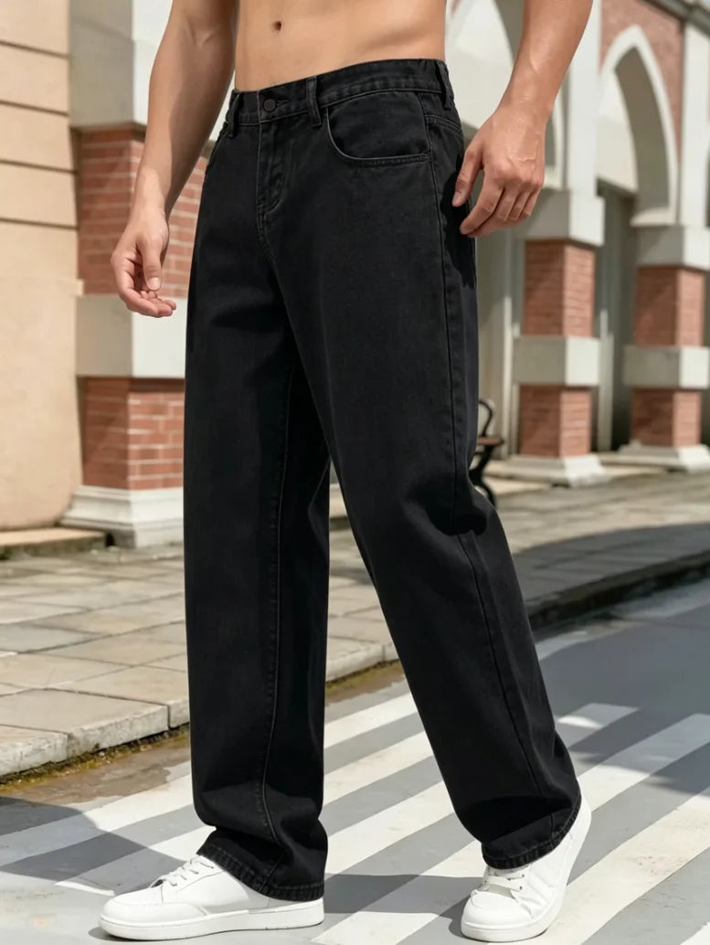 Men's Casual Straight-Leg Jeans, Y2K Street Style Loose Denim Trousers/Men's Casual Straight Jeans, Pure Black Pants
