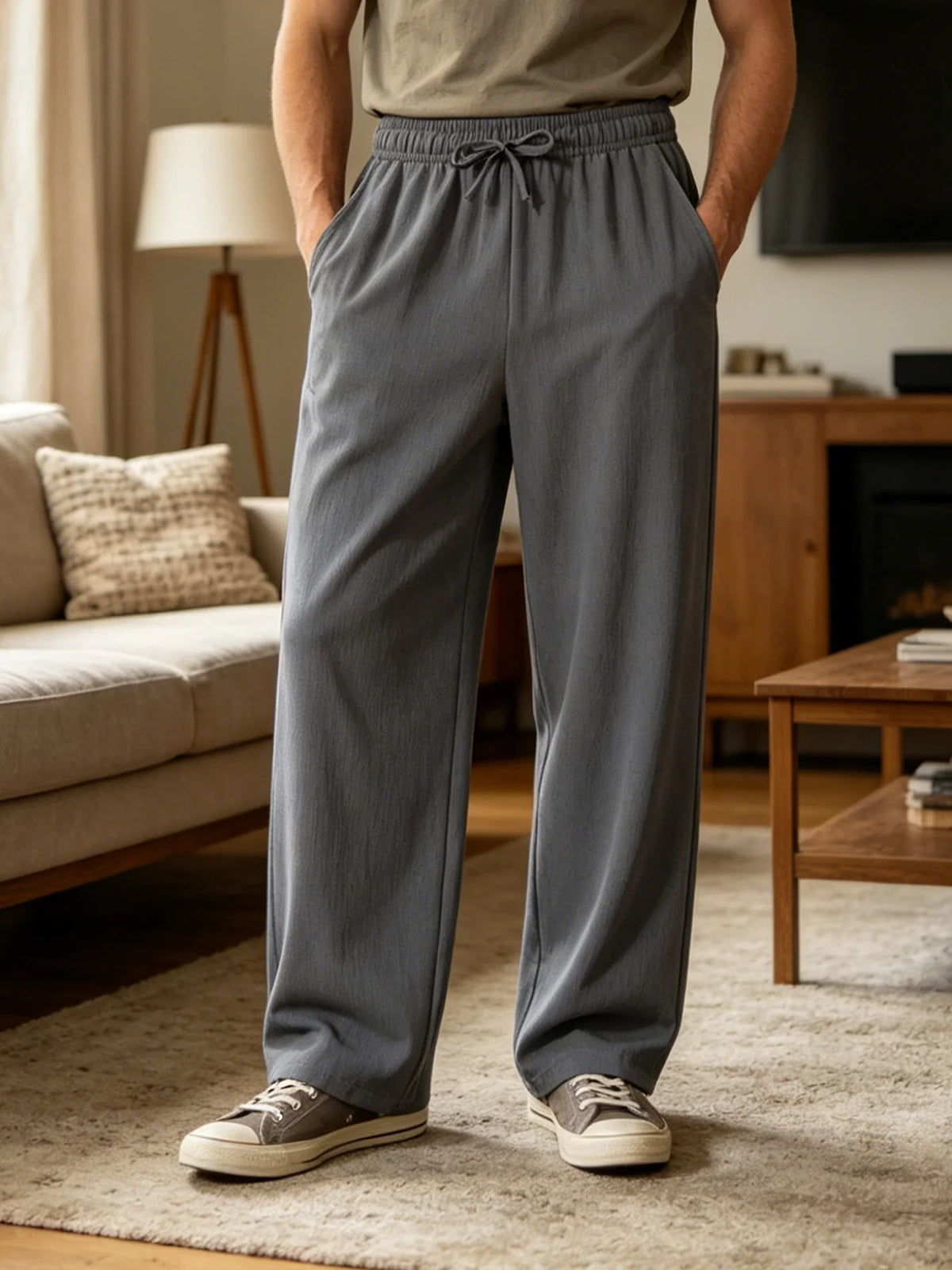 Men's Casual Wide Leg Pants Elastic Waist Drawstring Loose Straight Trousers/with Pockets Lightweight for Beach Vacation Daily Wear