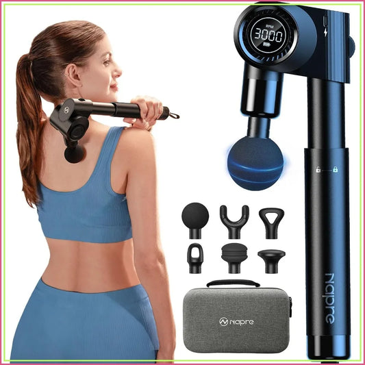 Foldable Massage Gun with Extension Handle 5 Adjustable Angles/Deep Tissue Back Massager 32 Speeds, 6 Heads, Quiet & Portable