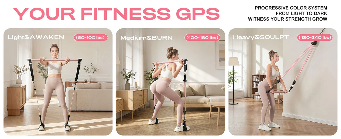 Pilates Bar Kit with Resistance Bands Adjustable Home Gym Workout/Portable Pilates Equipment for Squats Yoga Full Body Training