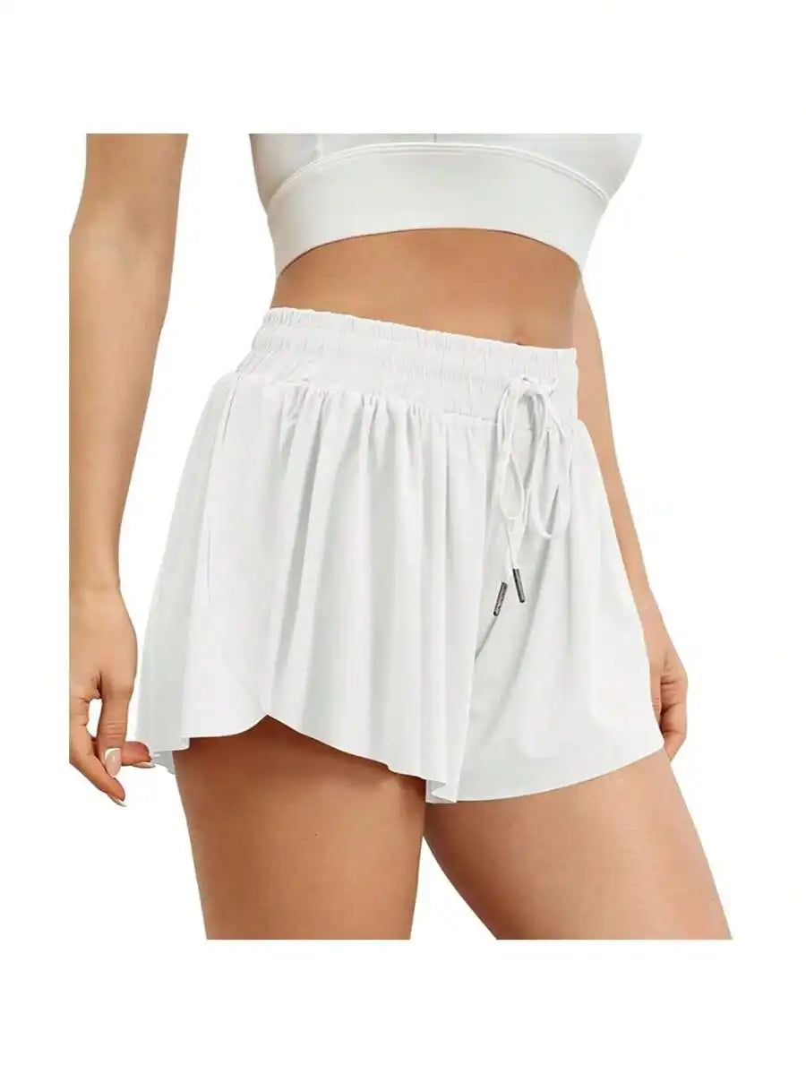 Women's High Waisted 2 In 1 Flowy/Hem Athletic Shorts With Drawstring