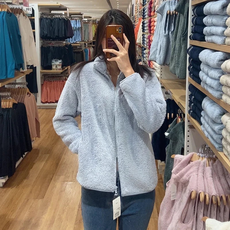 Autumn Winter Women's Long Velvet Fleece Zipper Sleeve Coat Warm/Coral Fleece Jacket Full Length Outerwear Comfortable Coat