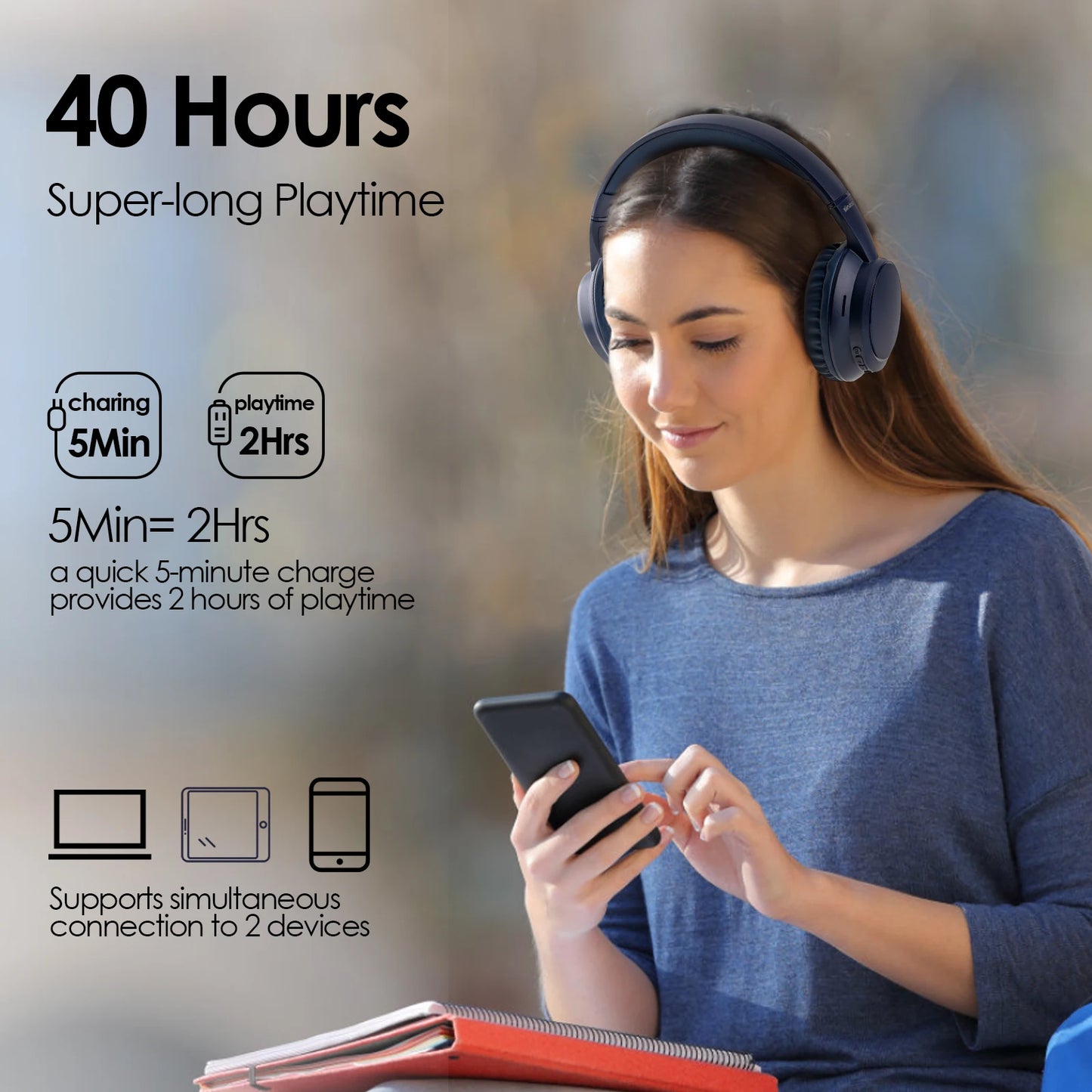 Siindoo JH-820 Wireless Bluetooth Headphones 60H Playtime 3 EQ Sound Modes/Newest Foldable Lightweight headset for Travel Study