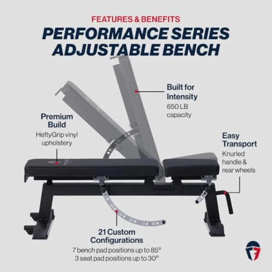 Home gym weightlifting bench: steel, black 650 LB capacity/adjustable flat/incline/upright positions for strength training