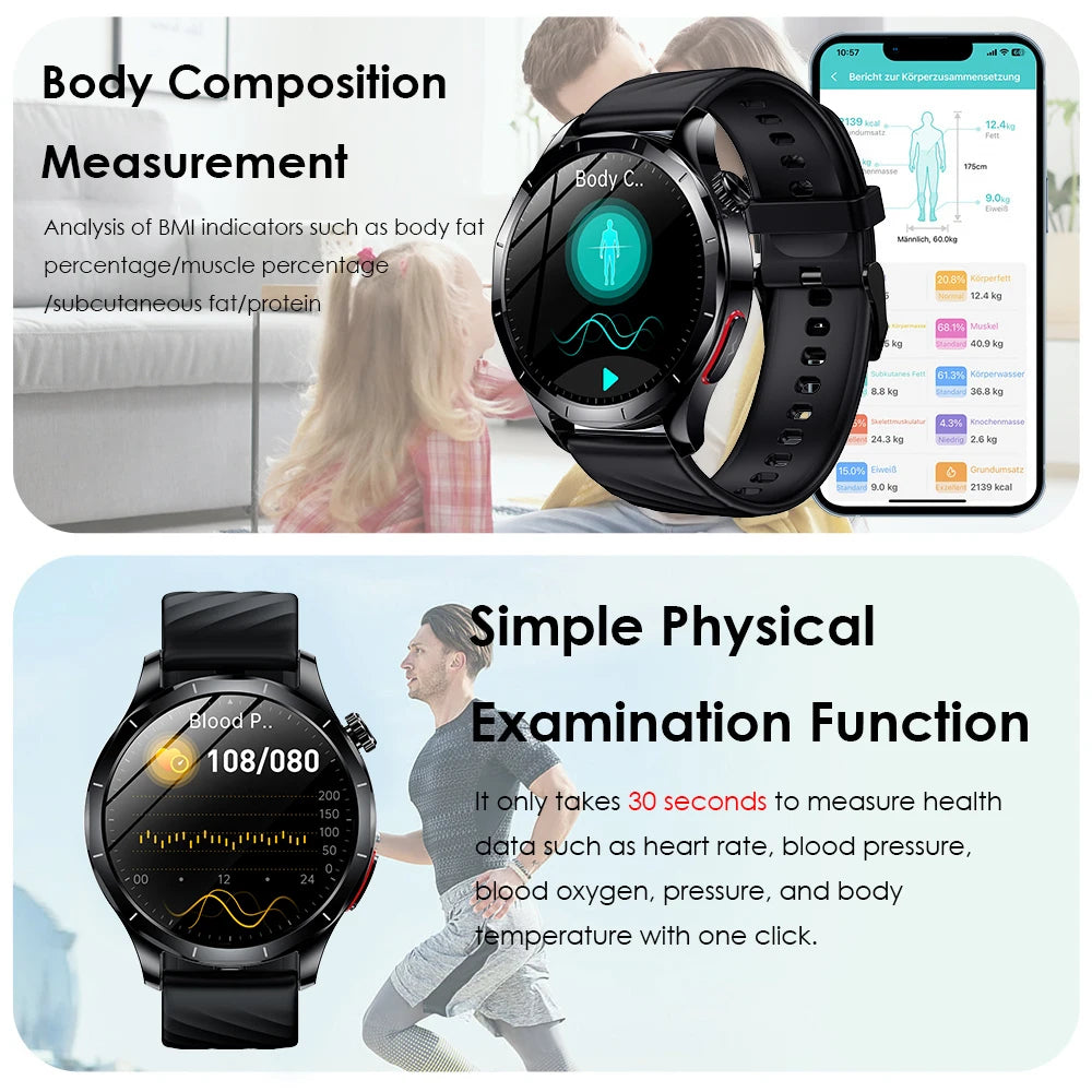 Marsyu 2026 Smart Watch ECG+PPG Uric Acid Blood Pressure Body Analysis/HD Call LED Flashlight Smart Watch Women Men