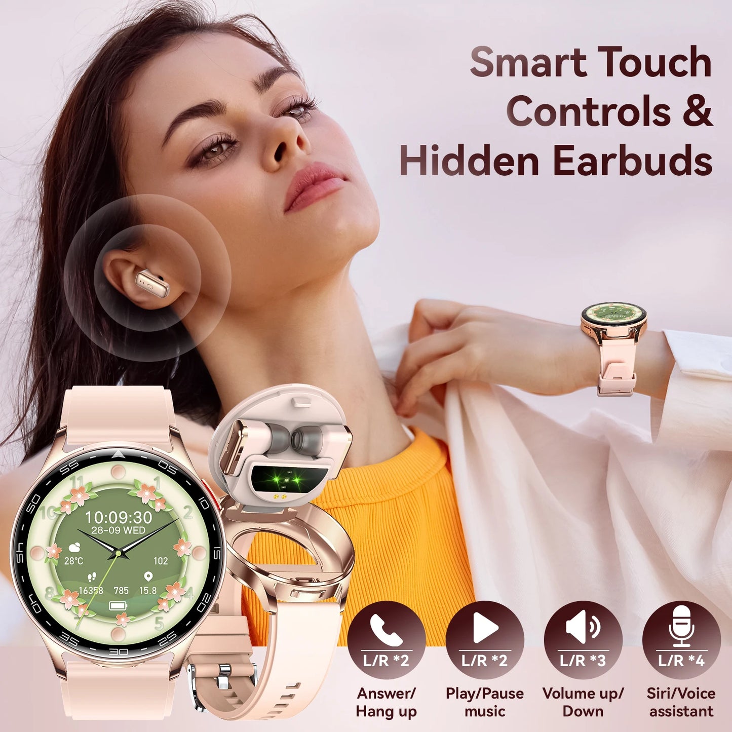 EIGIIIS Smart Watch with Earbuds1.39"HD Fitness Watch with Heart Rate/Blood Oxygen Sleep Tracker 2 in1 Bluetooth for iOS Android