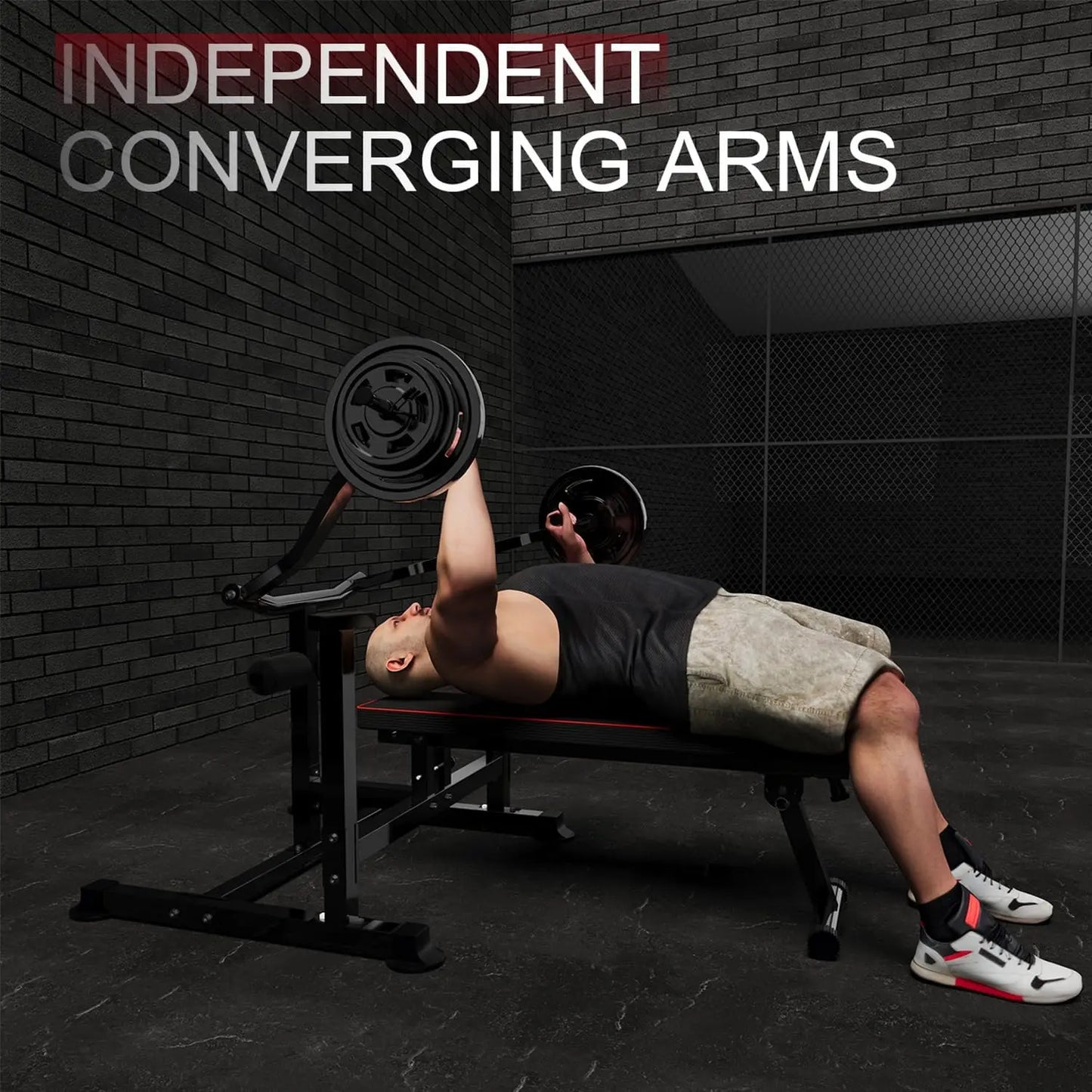 Bench Press Set Chest Press Machine with Independent Converging Arms/Adjustable Flat Incline Bench Press with Dumbbell Rack for