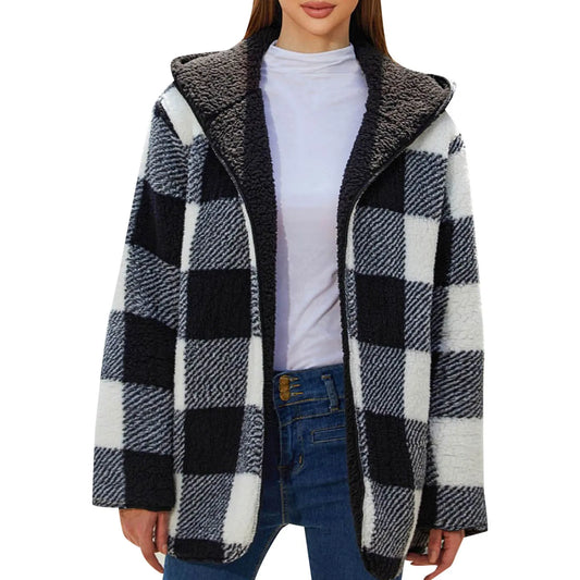 Women's Loose Warm Plaid Buttonless Cardigan Vintage Hooded/Double-Sided Plush Jacket Loose Fit Fleece Warm Jackets