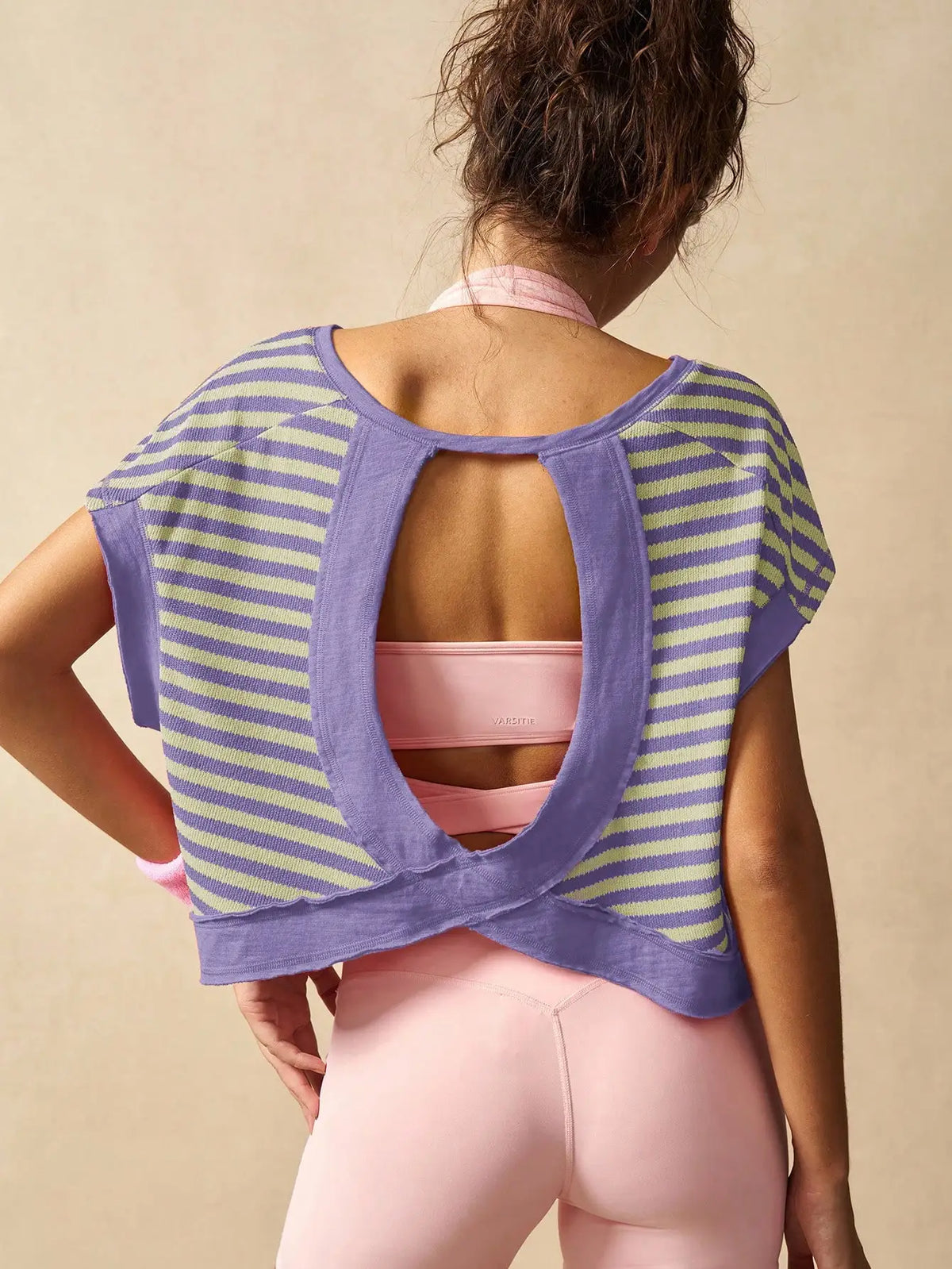 Women Striped Open Back Workout/Top Gym Crop Top Summer Active Wear Shirts