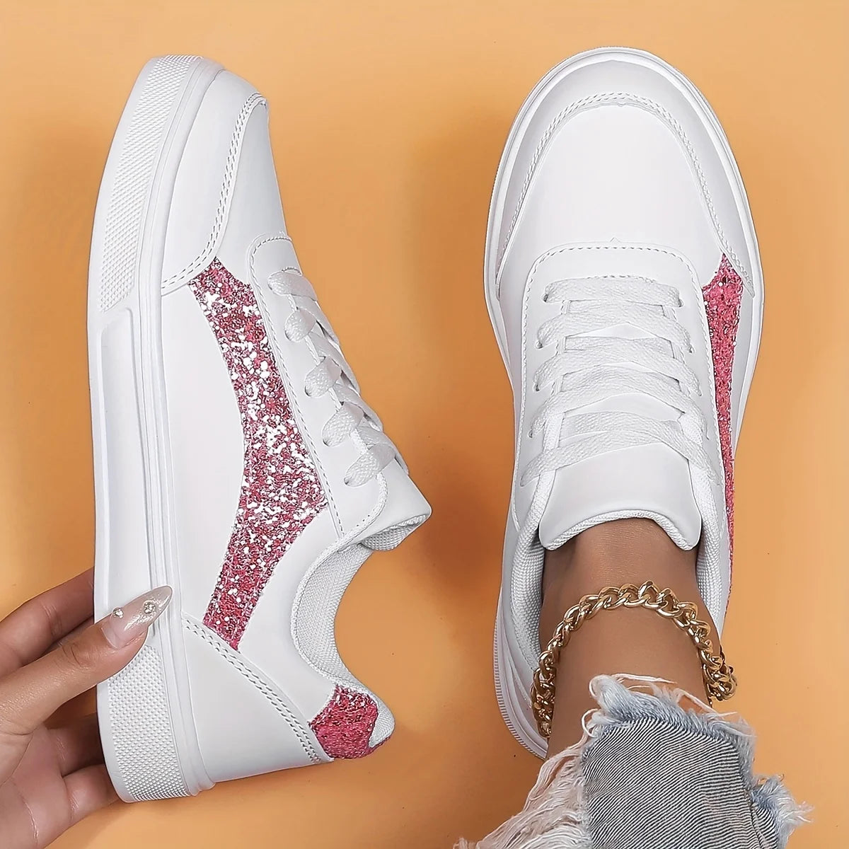Women's Low-top Casual Sneakers, Sequin Trendy Lightweight Flat Shoes/Breathable Upper Comfortable Fashionable