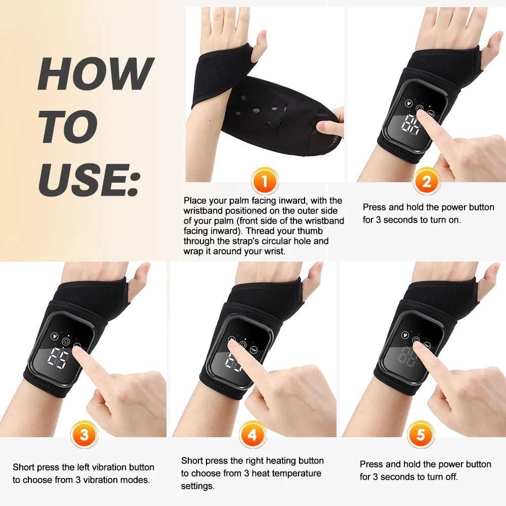 Cordless Heated Hand Wrist Massager with Vibration 3 Heat Levels/3 Massage Modes Smart Touch Control, Electric Wrist Brace Wrap