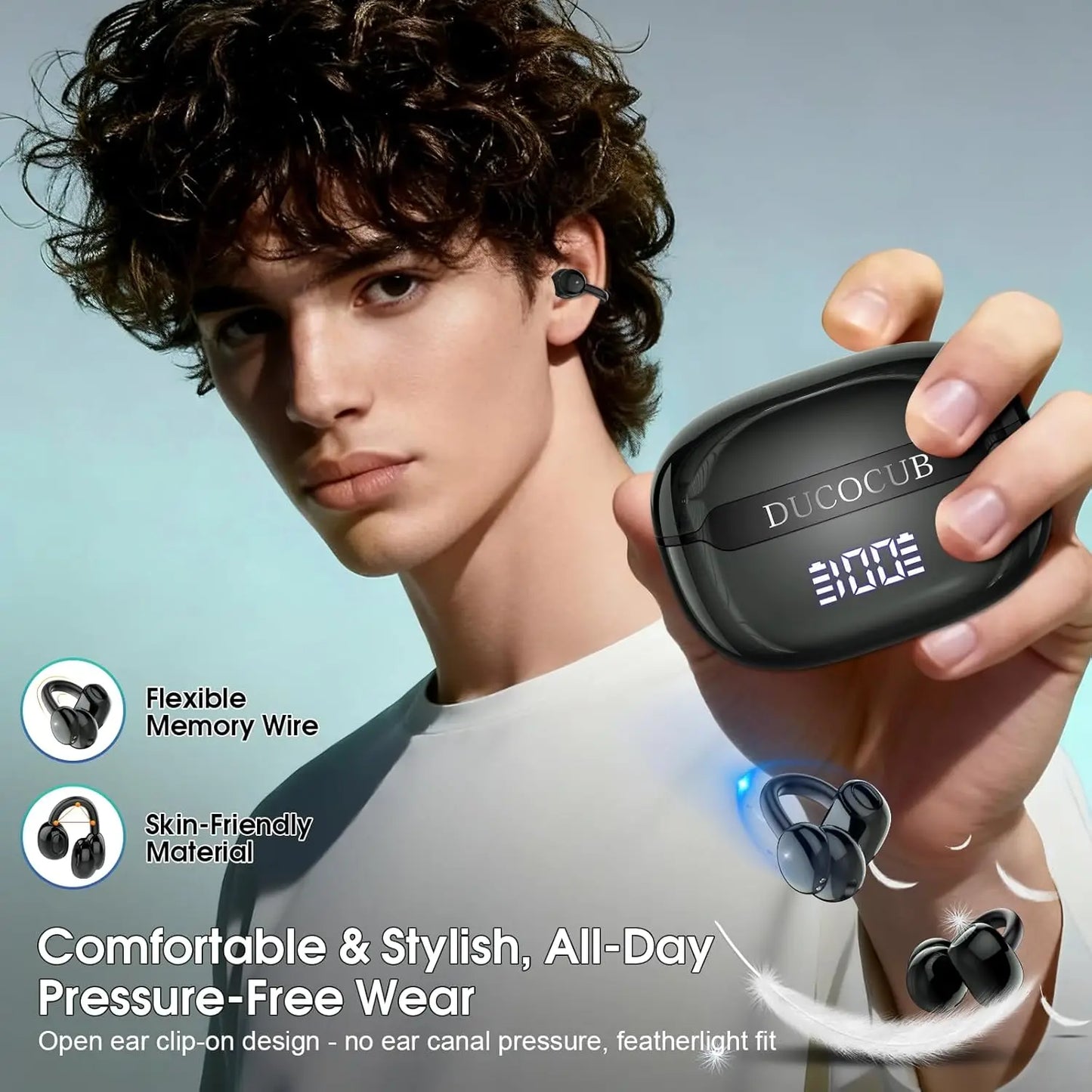Open Ear Wireless Clip-On Headphones with Bluetooth 5.4 DNN Noise Cancelling/48H Playtime, Low Latency for Music & Calls