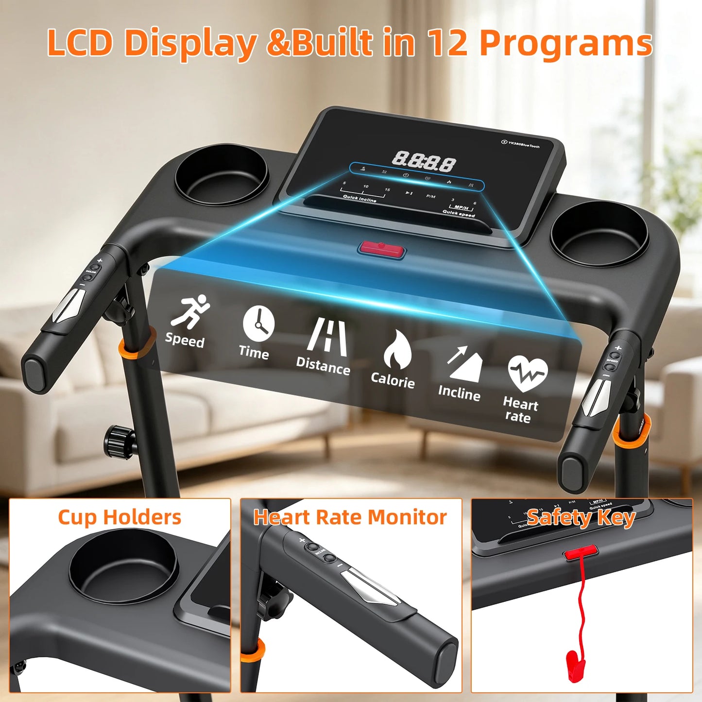 Folding Treadmill 15 Percent Automatic Incline 3.0HP Motor 300LBS Weight Capacity/3 Level Adjustable Height LCD Display 12 Workout Treadmill