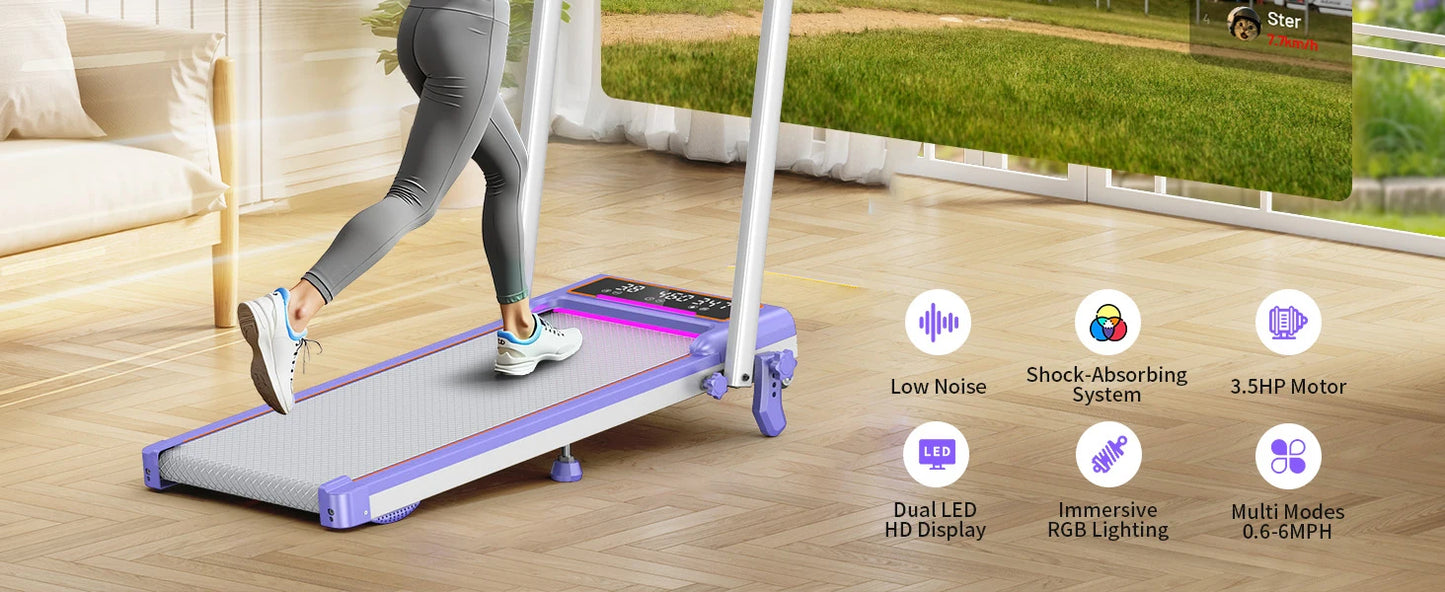 Folding Walking Pad with 15% Incline/RGB Light/Dual Screen Display/3.5HP Treadmills for Home,350lbs Capacity Smart App