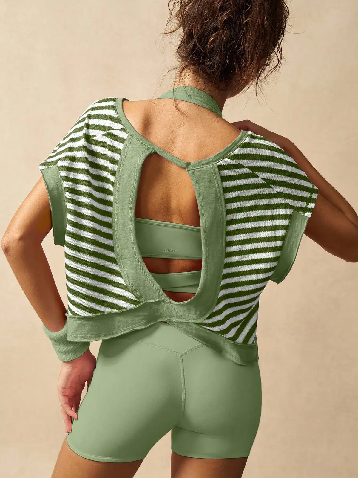 Women Striped Open Back Workout/Top Gym Crop Top Summer Active Wear Shirts