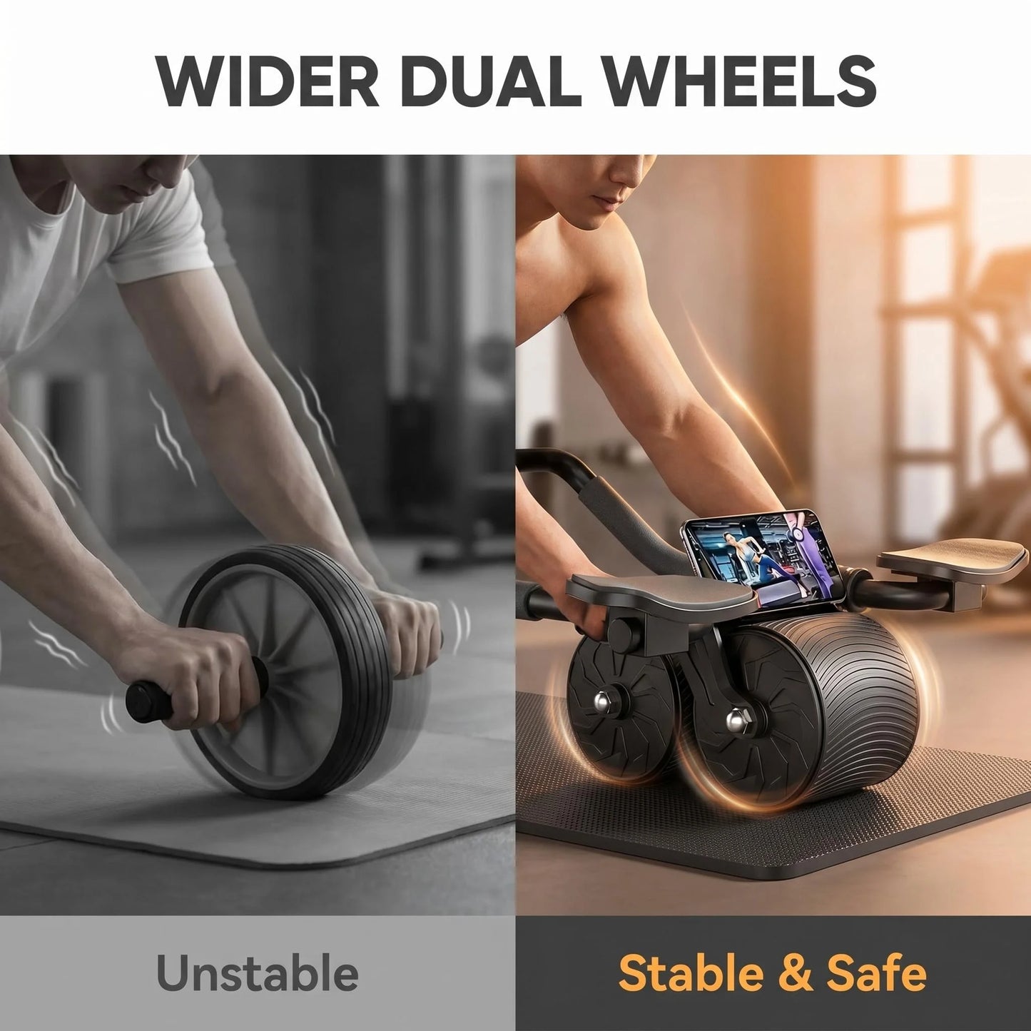 3 IN 1 Core Workout Ab Roller With Knee Pad/Phone Holder Timer Home Fitness Black