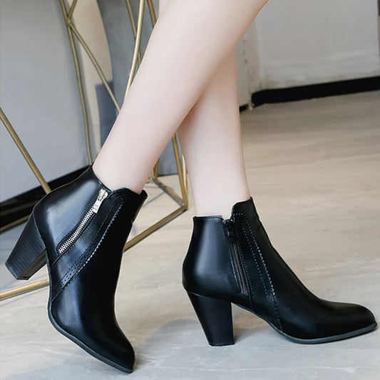 Retro Women Leisure Ankle Boot Solid Color Square Heels/Zipper Short Booties Round Toe Winter Vintage Slip On Shoes