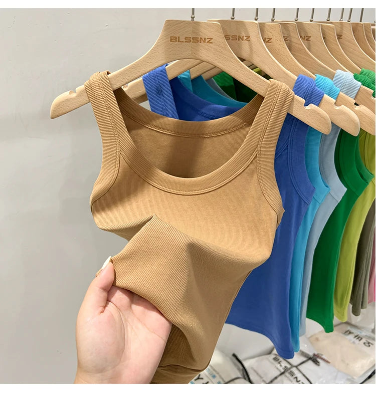 zjaiss Women Solid Round Neck Ribbed Tank Top Camisole Women/Summer Basic Elastic Tank Top O Neck Solid Tank Top