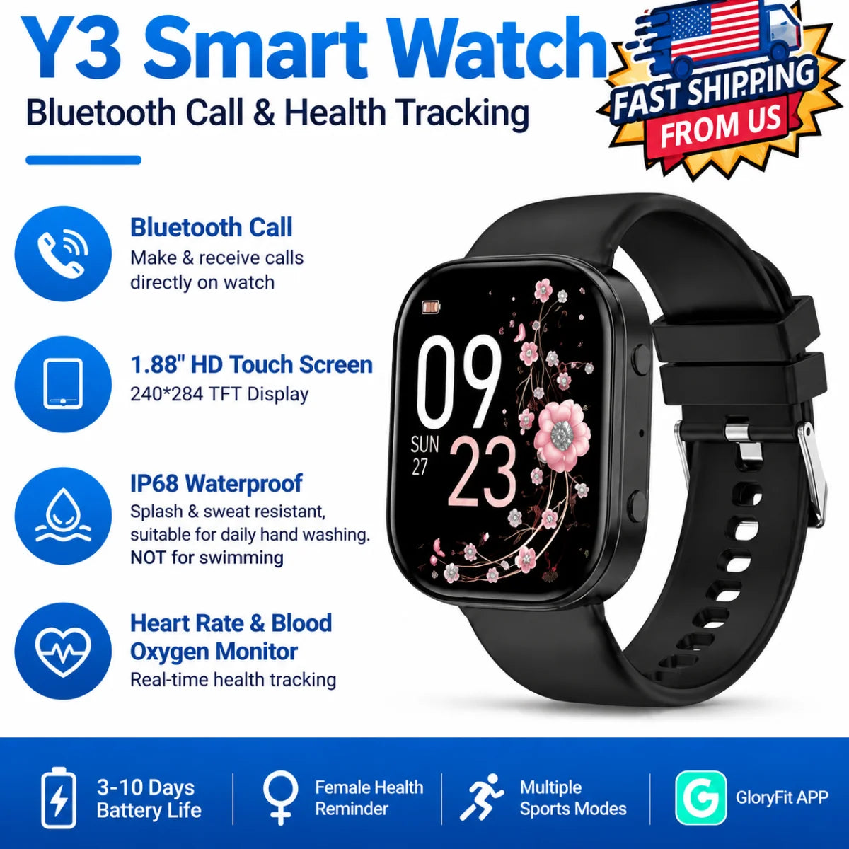Y2 Smart Watch Bluetooth Call 1.88" TFT Screen IP67 Waterproof/Fitness Watch Heart Rate Blood Oxygen Monitor