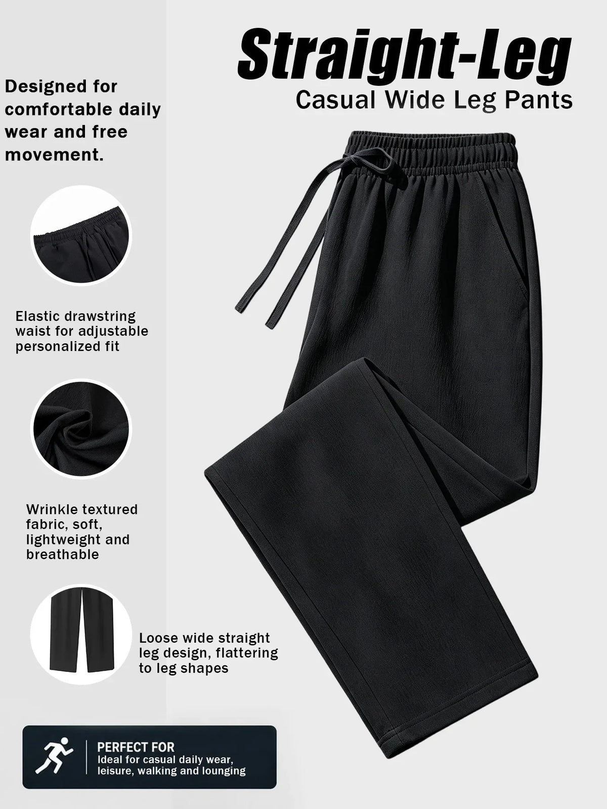 Men's Casual Wide Leg Pants Elastic Waist Drawstring Loose Straight Trousers/with Pockets Lightweight for Beach Vacation Daily Wear