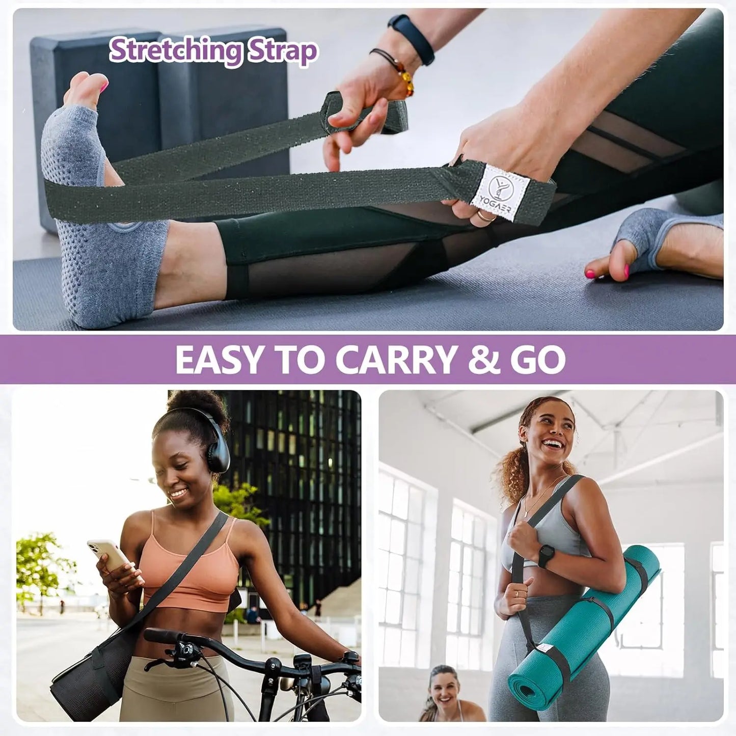 Adjustable Yoga Mat Carrier Strap for Large Mats/Thick Durable Sling with Stretching Band