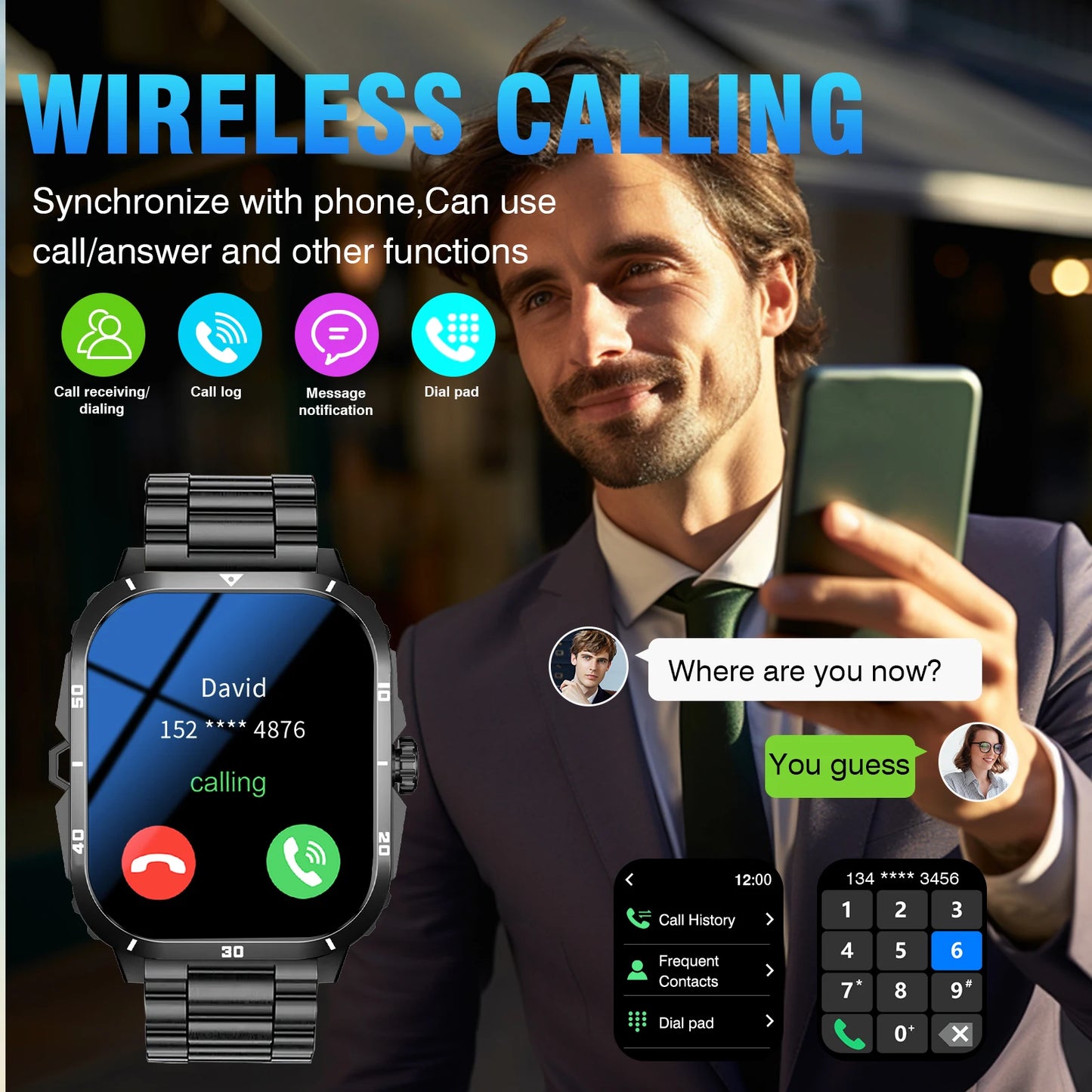 Smart watch full touchscreen sports watch Bluetooth calling/with flashlight unisex compatible with Android and iPhone