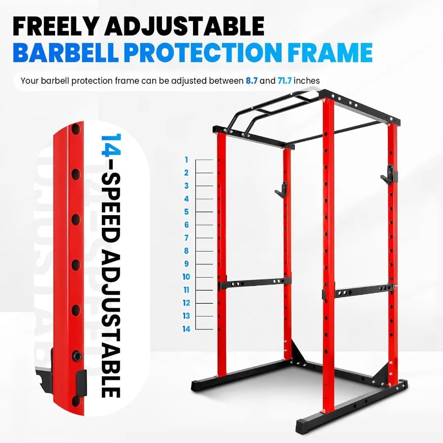 Squat Rack 1200LB Capacity, Fitness Power Cage with Adjustable Pull Up Bar/J Hooks, Multi-Functional Weight Bench for Home Gym