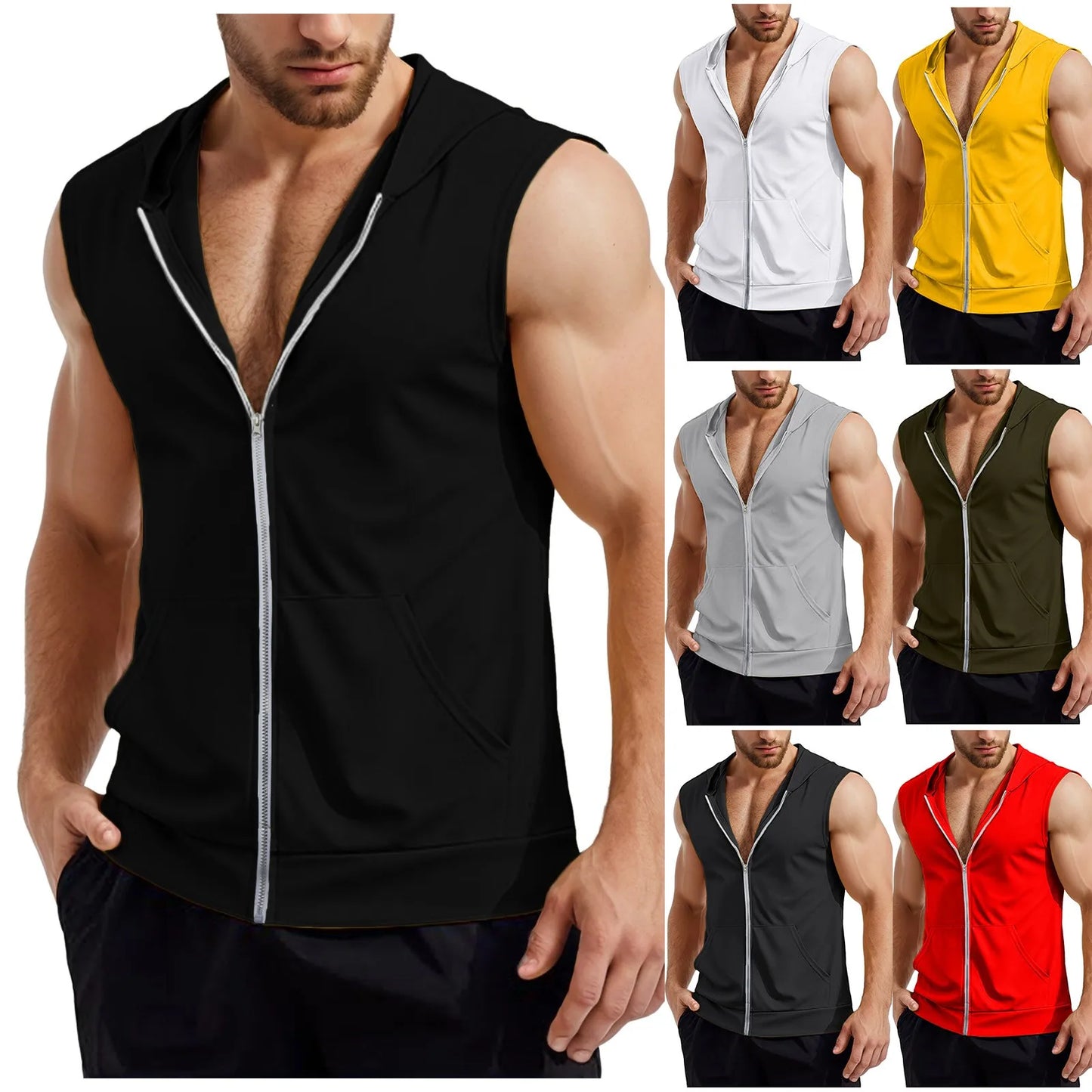 Men's Workout Hooded Tank Tops Zip Up Gym Muscle Tank Top/Summer Bodybuilding Vest Solid Color Tank Top