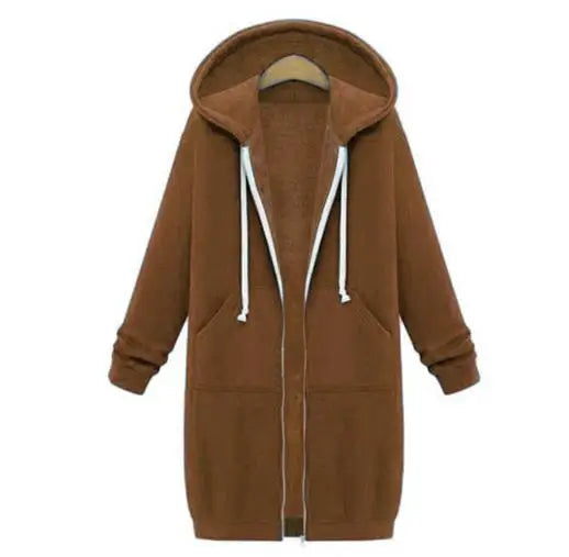Autumn and Winter Women's Clothing American Hooded/Long-sleeved Medium and Long Sweater Fleece Jacket