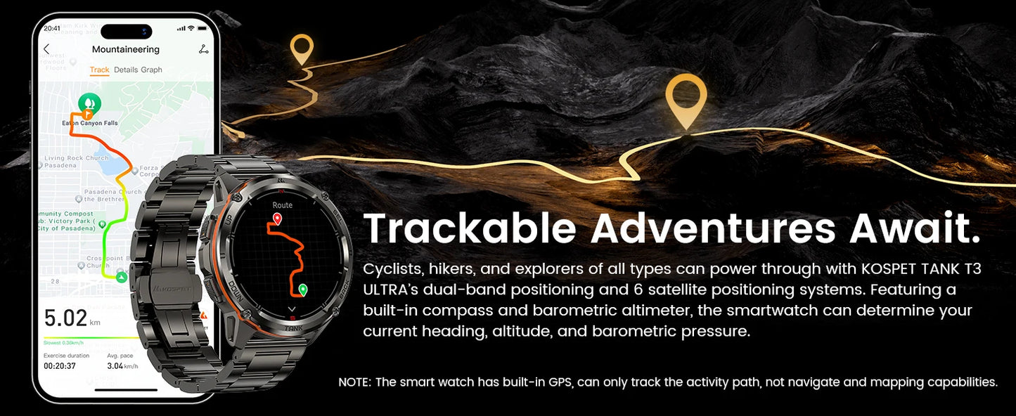 KOSPET TANK T3 Ultra GPS Smart Watch For Men Altimeter Compass/Barometric 470mAh 60 Days Battery Bluetooth Call IP69K Waterproof