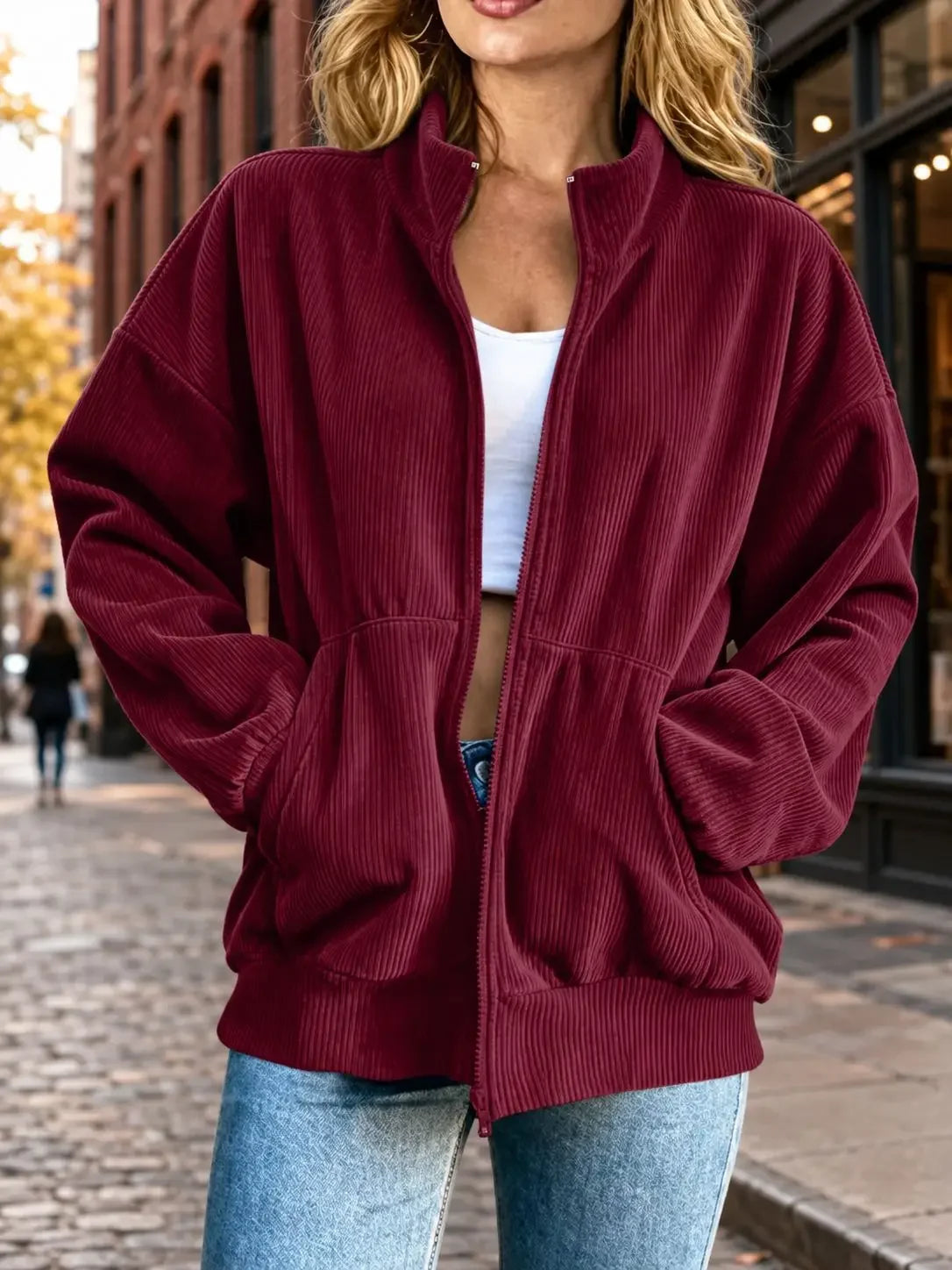 Fall/Winter Corduroy Women's Jacket/Loose Stand Collar Zipper Coat Workwear for Women