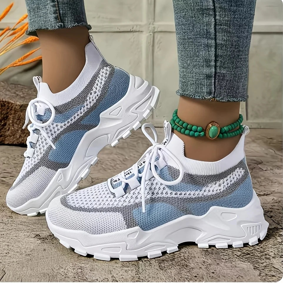 Ladies Breathable Mesh Patchwork Chunky Sneakers/Lace Up Height Increasing Platform Walking Shoes Non Slip Shoes
