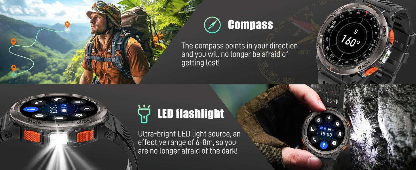 EIGIIS 1.45 Inch Smart Watch KE5 3ATM Waterproof Original Design/Sports Watch With Compass And Altitude Barometer LED Flashlight